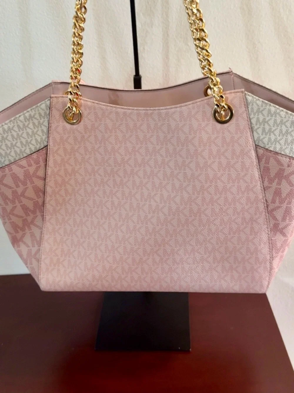 Michael Kors Pink and White MK Signature Chain Tote - Picture 2 of 7